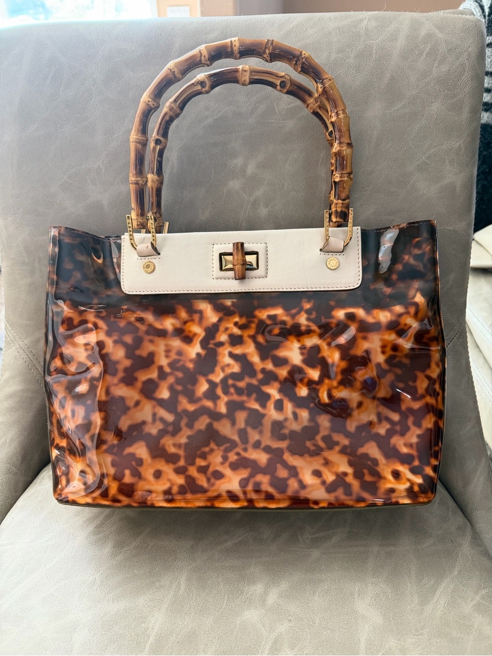 Monsac Tortoiseshell Pattern Tote with Bamboo Handles - Brown/Cream